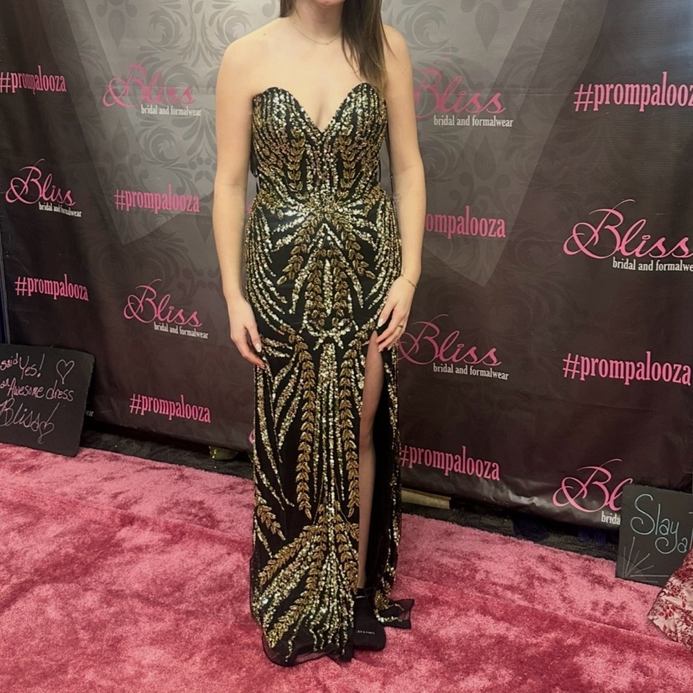 Strapless Black and Gold Sequin Gown